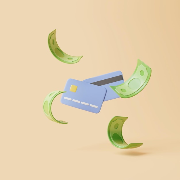 Cartões de crédito com notas de dólar verdes flutuam em fundo beige pastel Ilustração de renderização 3D