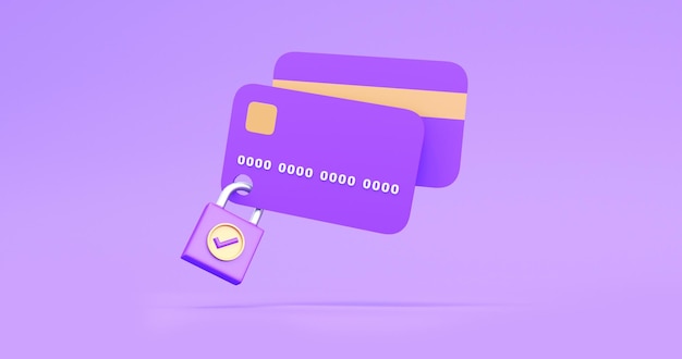 cartões de crédito roxos com bloqueio de segurança em fundo roxo renderização 3D