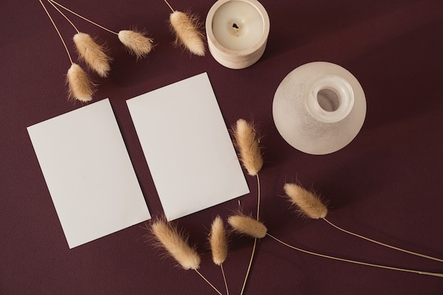 Cartões de folha de papel em branco com espaço de cópia e grama de cauda de coelho coelho nas sombras da luz do sol em Borgonha