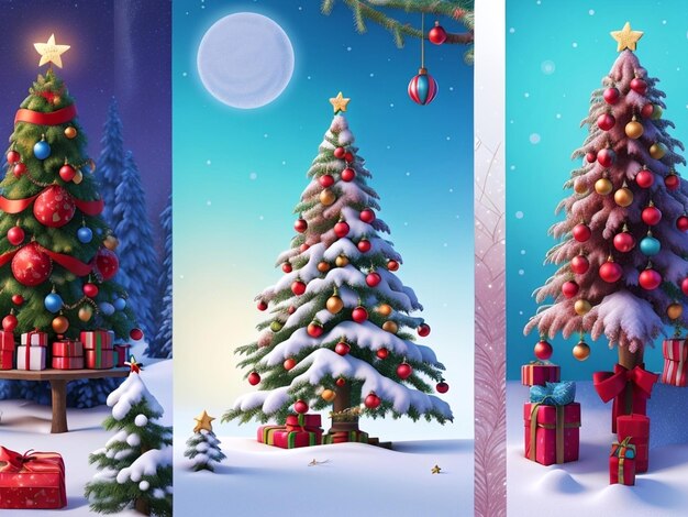 Cartões de Natal vibrantes e festivos com IA generativa de árvores lindamente decoradas