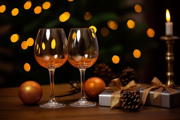 Cartões de saudação de Natal copos de champanhe árvore de Natal e presentes bebidas festivas e Natal