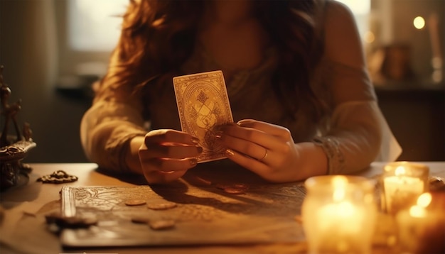 Cartões de tarô lendo Fortuna contador de mãos segurando a carta SOL e cartas de tarô na mesa