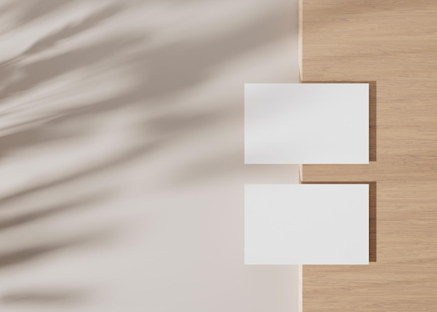 Cartões de visita brancos em branco na superfície de madeira com sombras de plantas Mock up para identidade de marca Dois cartões para mostrar ambos os lados Modelo para designers gráficos Espaço livre cópia espaço renderização em 3D