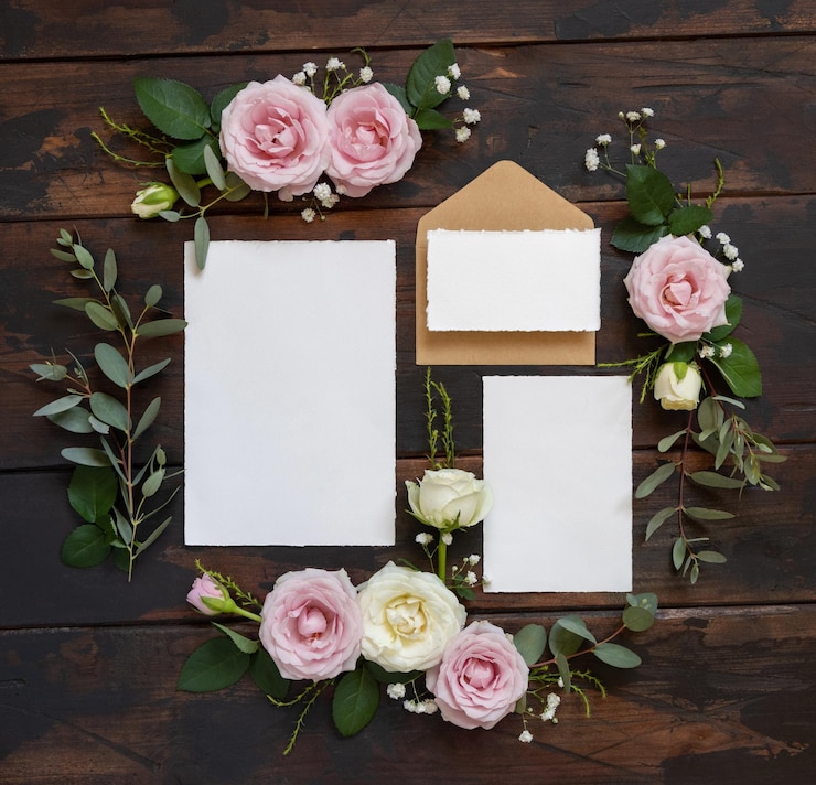 Foto cartões e envelope entre rosas cor de rosa e creme na maquete de casamento de vista superior de madeira marrom