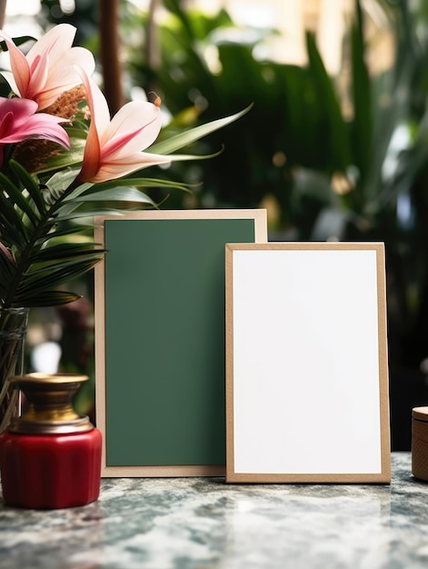 Foto cartões e presentes maquete de moldura em branco na mesa vista frontal florais tropicais mínimos no fundo