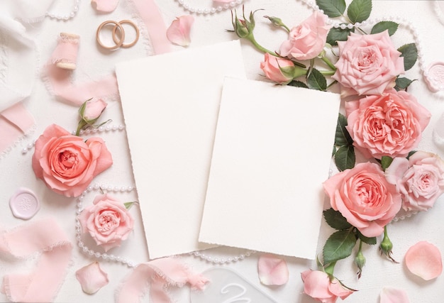 Cartões em branco perto de rosas cor-de-rosa anéis de casamento e fitas de seda em cima da mesa branca view mockup