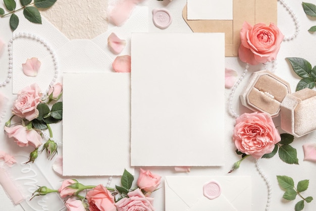 Foto cartões em branco perto de rosas cor-de-rosa anel de noivado e fitas de seda top view mockup de casamento