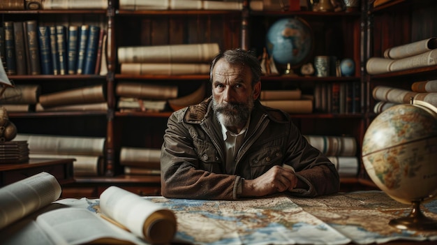 Foto el cartógrafo trabajando en el taller sobre el mapeo del mapa del mundo aig