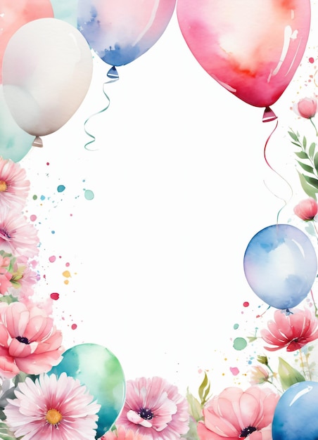 Cartón de felicitaciones en acuarela con fondo de cumpleaños con flores y globos