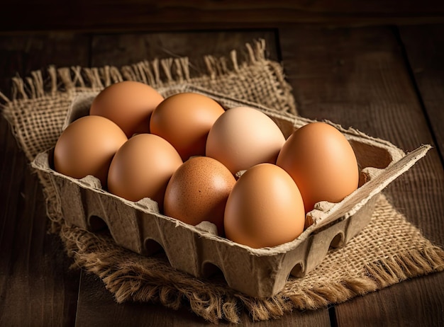 Un cartón de huevos en una mesa de madera