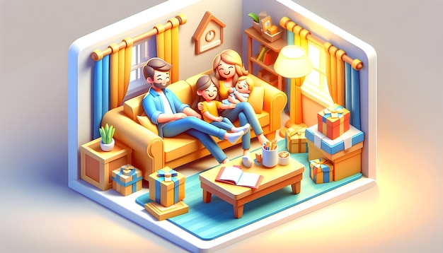 Foto cartoon 3d business flat icon tempo de família aconchegante relaxando juntos imagens emocionantes da família bo