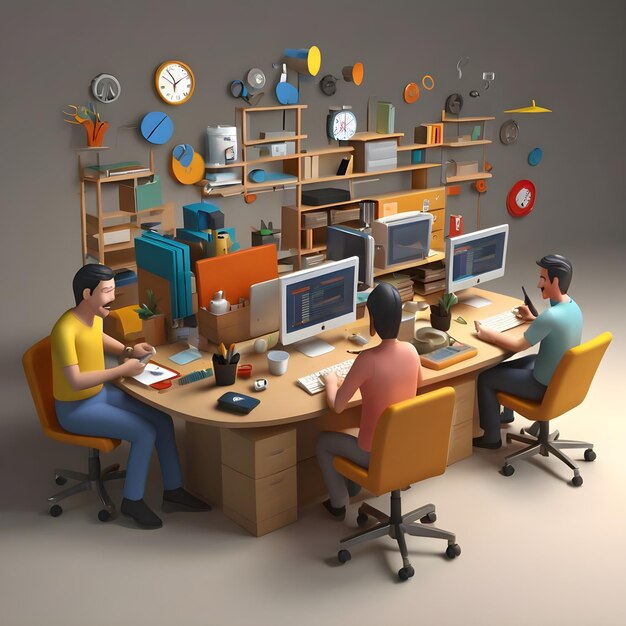 Cartoon 3D de Diversas Equipas Multitasking