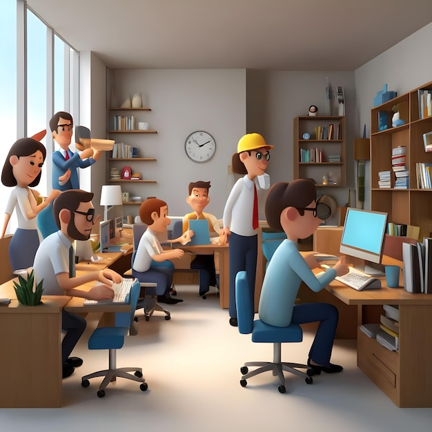 Cartoon 3D de Diversas Equipas Multitasking