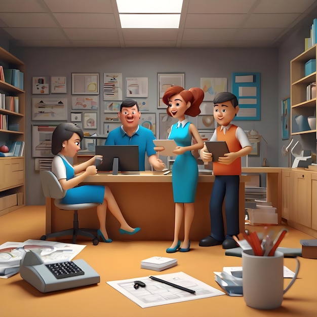 Cartoon 3D de Diversas Equipas Multitasking