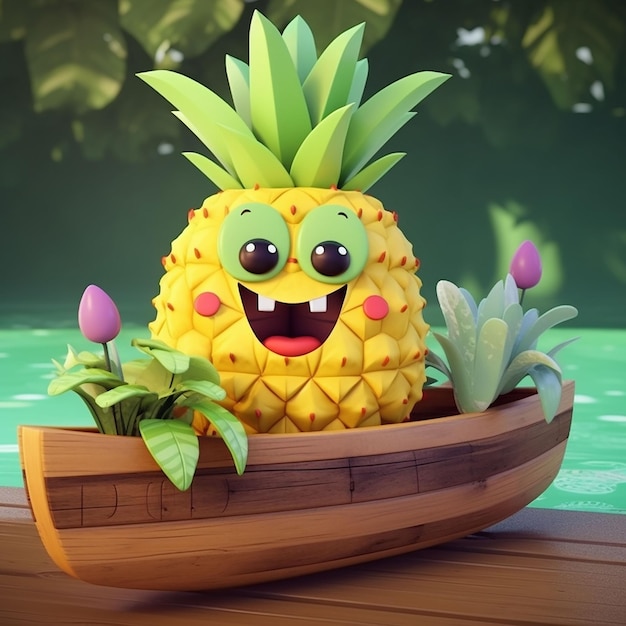 Cartoon 3D Eine Reihe von Illustrationen einer glücklichen Ananas Lustige Ananas in einem Holzboot