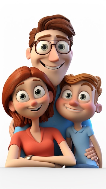 Foto cartoon 3d família feliz em fundo branco 8k