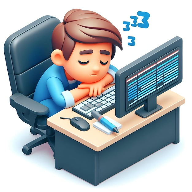 Foto cartoon 3d flat icon editor de video agotado en el teclado ilustrando largas horas y trabajo de detalle en