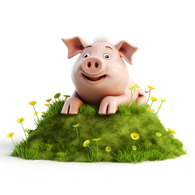 Cartoon 3d porco na grama isolado em branco