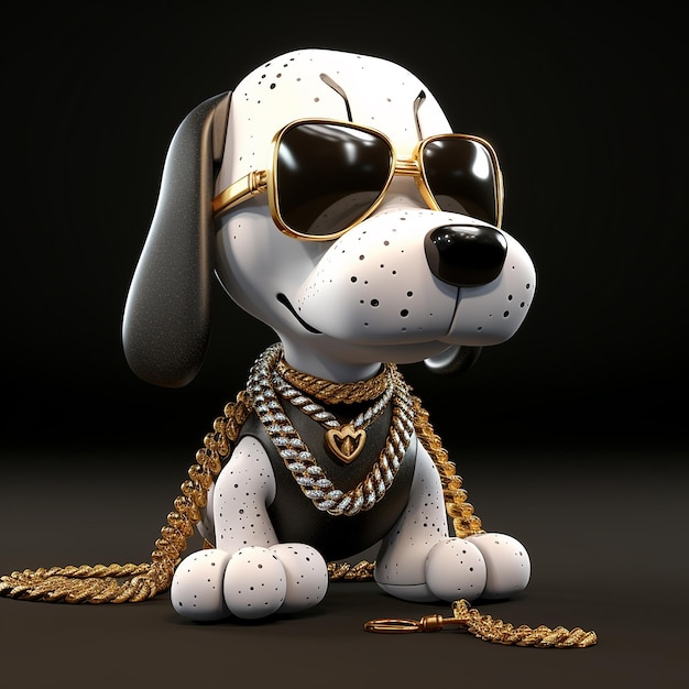 Cartoon 3D renderizado de Snoopy cão com ouro brilhante e cadeia de diamantes estilo hip hop