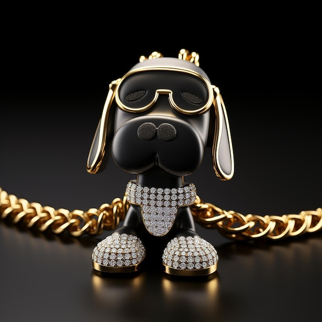 Cartoon 3D renderizado de Snoopy cão com ouro brilhante e cadeia de diamantes estilo hip hop