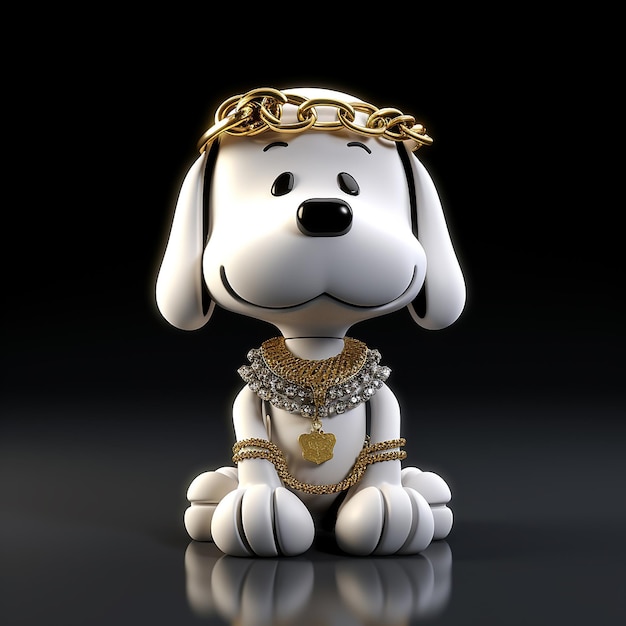 Cartoon 3D renderizado de Snoopy cão com ouro brilhante e cadeia de diamantes estilo hip hop