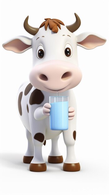 Foto cartoon 3d vaca bonita segurando um copo de leite em fundo branco