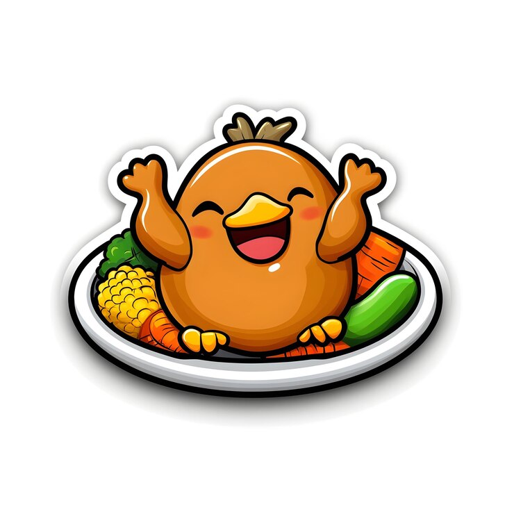 Cartoon alegre de prato de frango assado com vegetais coloridos em fundo branco limpo