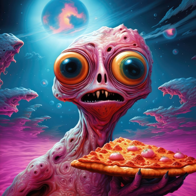 Foto cartoon-alien mit großen augen isst pizza kosmische freude entfaltet sich, als ein pizzaliebender alien ein stück schmeckt seine weiten augen glänzen vor freude in einer himmlischen umgebung von sternen und galaxien