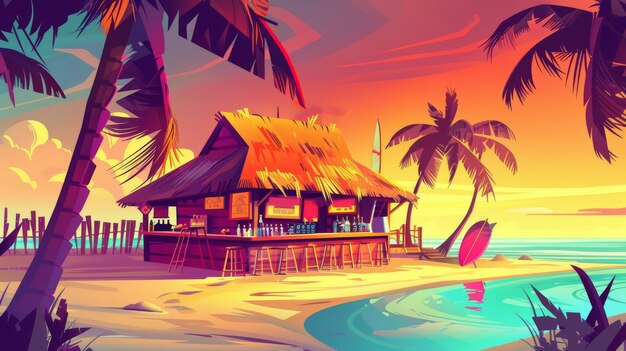 Cartoon amanecer verano paisaje de la orilla del océano con un bungalow de bambú con techo de paja café hawaiano con cócteles y bebidas de frutas Tiki bar con tabla de surf en la playa de arena del mar al atardecer