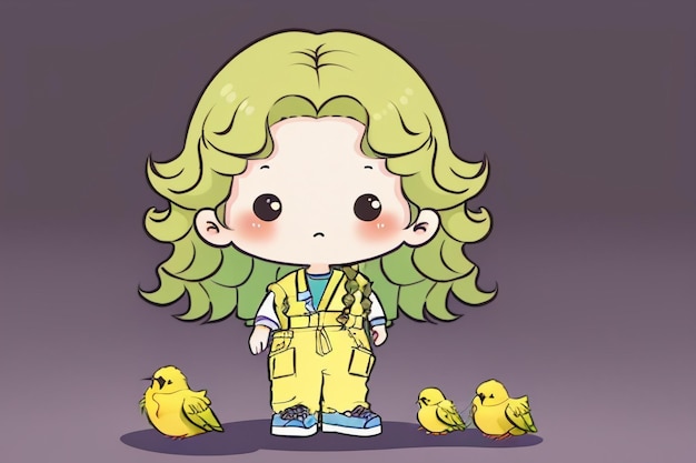 Cartoon-Anime-Mädchen mit langen Haaren und großen Augen, das Overalls trägt, einfache Hintergrund-Tapetenillustration