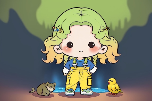 Cartoon-Anime-Mädchen mit langen Haaren und großen Augen, das Overalls trägt, einfache Hintergrund-Tapetenillustration