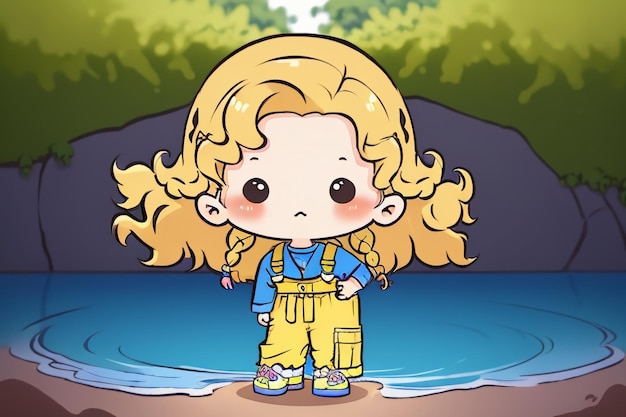 Cartoon-Anime-Mädchen mit langen Haaren und großen Augen, das Overalls trägt, einfache Hintergrund-Tapetenillustration