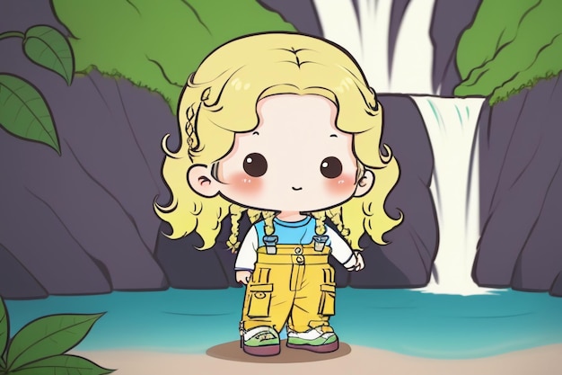 Cartoon-Anime mit langen Haaren, großen Augen, Mädchen in Overall, einfacher Hintergrund, Tapetenillustration