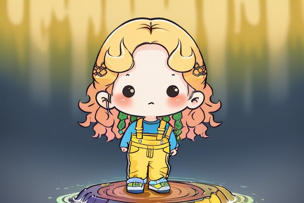 Cartoon-Anime mit langen Haaren, großen Augen, Mädchen in Overall, einfacher Hintergrund, Tapetenillustration