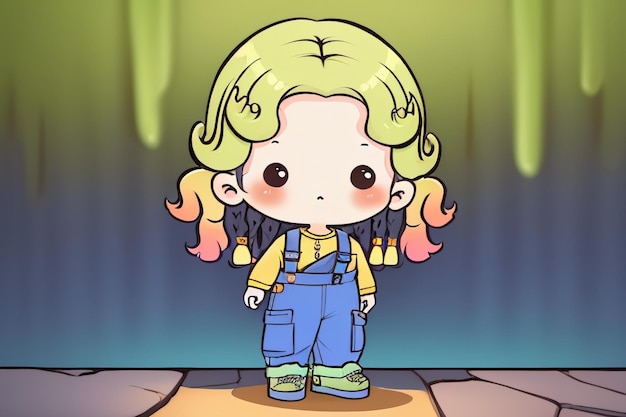 Cartoon-Anime mit langen Haaren, großen Augen, Mädchen in Overall, einfacher Hintergrund, Tapetenillustration