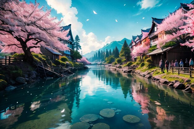 Foto cartoon-anime-stil dorf fluss berg baum natur landschaft tapete illustration hintergrund