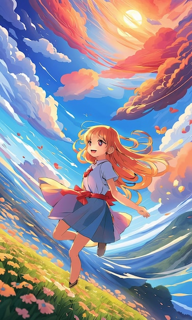 Cartoon-Anime-Stil Mädchen auf roten farbenfrohen Wolken Hintergrundtapeten HD-Illustration