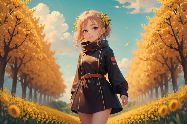 Cartoon-Anime-Stil schönes junges Mädchen in der Mitte des Weges voller gelber Blumen