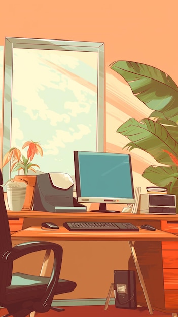 Cartoon-Ansicht des Schreibtisches mit Computer und Dekorationen