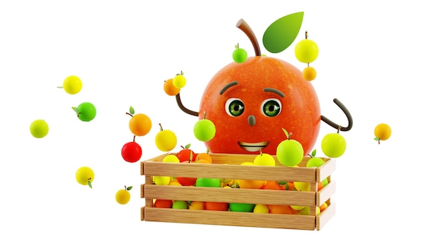 Cartoon apple personaje renderizado en 3d con una caja de madera con manzanas