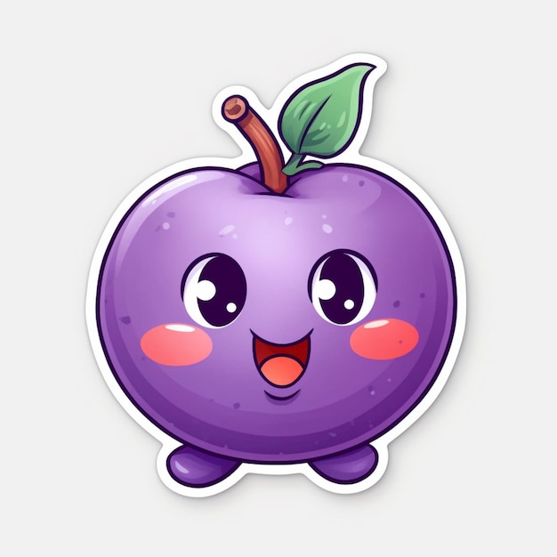 Cartoon-Aufkleber eines lila Apfels mit einem glücklichen Gesicht, generative KI