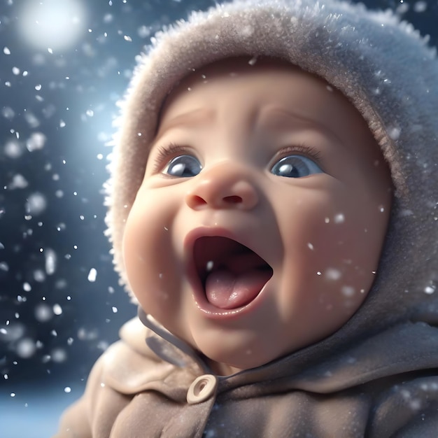 Cartoon Baby 3D fängt Schneeflocken mit seiner Zunge und lacht