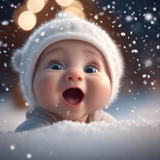 Cartoon Baby 3D fängt Schneeflocken mit seiner Zunge und lacht