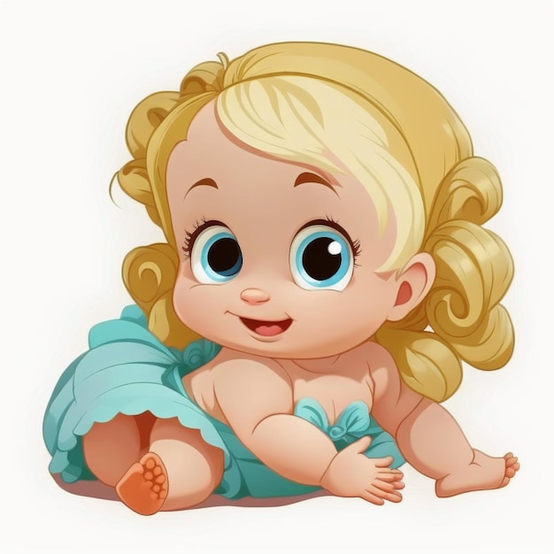 Cartoon-Baby mit blonden Haaren und blauem Kleid, das auf dem Boden liegt, generative KI