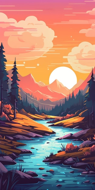 Cartoon-Berge und Fluss bei Sonnenuntergang, ein lebendiges Hikecore-Design