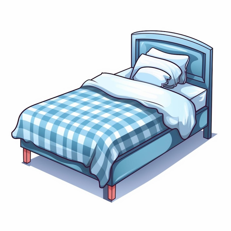 Foto cartoon-bett mit blau-weiß karierter bettdecke und kissen, generative ki