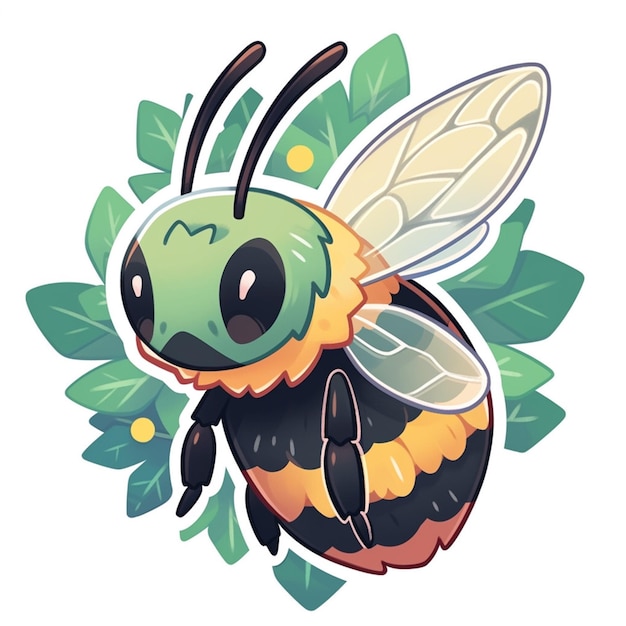 Cartoon-Biene mit einer Blume und Blättern um sie herum generative ai