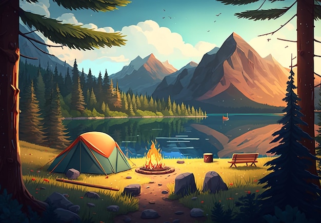 Foto cartoon-bild eines campingplatzes mit zelt und lagerfeuer. berg- und seehintergrund