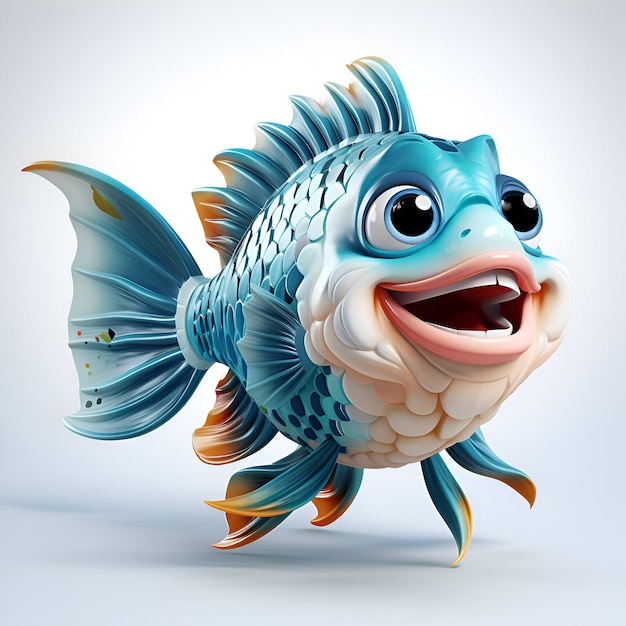 Cartoon blauer Fisch isoliert auf weißem Hintergrund 3D-Illustration