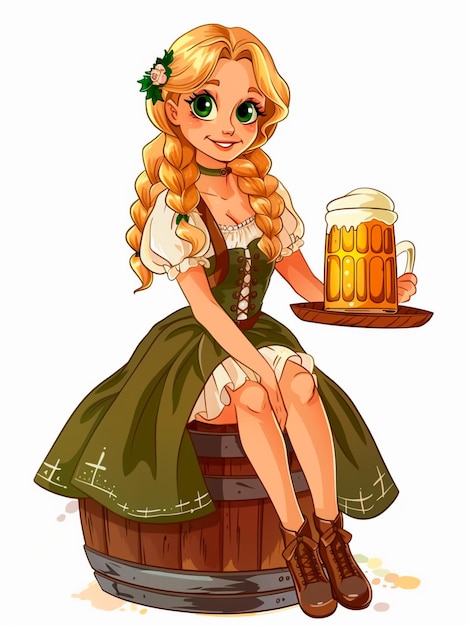 Cartoon-Blonde sitzt auf einem Fass mit einem Tablett Bier